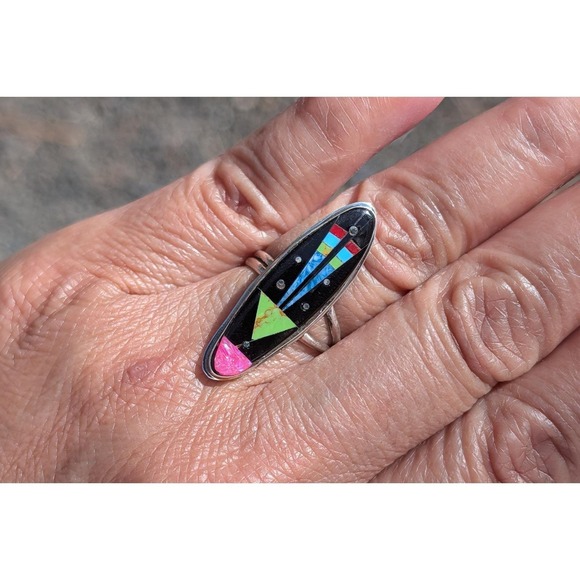 SouthWestArtisans Jewelry - Handmade Zuni Inlay Ring by Gilbert Smith, Sterling Silver Night & Day Jewelry
